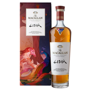 A bottle of The Macallan Litha Single Malt Scotch Whisky sits next to its artistic box, featuring abstract red, orange, and purple designs that hint at butterscotch and vanilla notes.