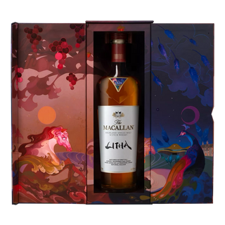A bottle of The Macallan Litha Single Malt Scotch Whisky in an open, ornate box with vibrant artwork of abstract horses, grapes, and colorful patterns, offering notes of butterscotch and toasted oak.