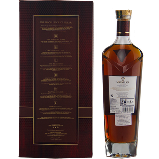 A bottle of The Macallan Rare Cask Release Batch No. 1 Single Malt Scotch Whisky stands next to its box, displaying details about the brand’s six pillars. The amber whisky features a distinctive shape, silver cap, and notes of sweet sherry and blossom honey.