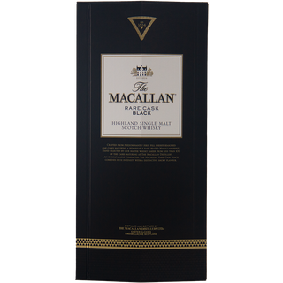 The image features a dark box with gold accents labeled The Macallan Rare Cask Black Single Malt Scotch Whisky, renowned for notes of dried fruits and oak. The Macallan logo and product details are centered on the front.