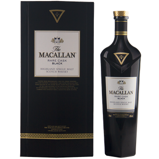 A bottle of The Macallan Rare Cask Black Single Malt Scotch Whisky is displayed beside its elegant black box, both accented with gold and white details, highlighting the whisky's rich notes of dried fruits and oak in each pour.