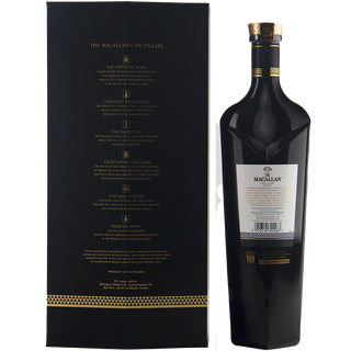 A dark bottle of The Macallan Rare Cask Black Single Malt Scotch Whisky with a gold-accented cap stands beside its black box, adorned with gold text highlighting the Six Pillars and tasting notes of oak and dried fruits, all set against a plain white background.