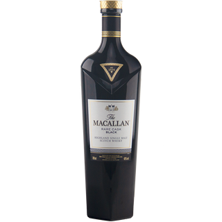A dark bottle of The Macallan Rare Cask Black Single Malt Scotch Whisky, accented with gold on the cap and label, stands against a plain white background, evoking hints of oak and dried fruits.