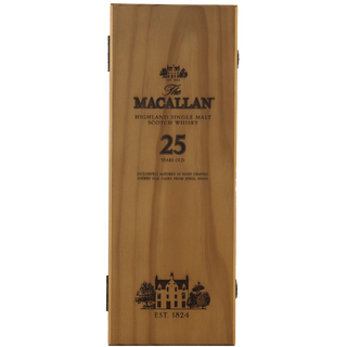 A wooden box branded with The Macallan 25 Year Old Sherry Oak Single Malt Scotch Whisky (Pre-2018), established in 1824, featuring building illustrations and evoking wood spice and sherry-soaked raisin notes.