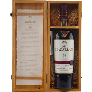 A bottle of The Macallan 25 Year Old Sherry Oak Single Malt Scotch Whisky (Pre-2018) in a wooden box, nestled in straw padding, with tasting notes of sherry-soaked raisins and wood spice.