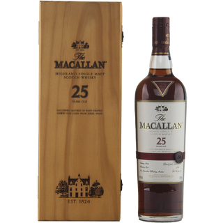 A bottle of The Macallan 25 Year Old Sherry Oak Single Malt Scotch Whisky (Pre-2018) stands beside its wooden case, both with refined labels and branding. Flavors of wood spice and sherry-soaked raisins reflect its rich heritage.