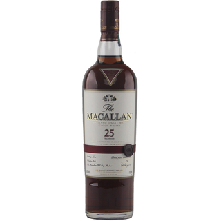 A bottle of The Macallan 25 Year Old Sherry Oak Single Malt Scotch Whisky (Pre-2018), featuring a dark brown sherry-rich liquid, white label, and gold and burgundy accents, stands upright on a white background.