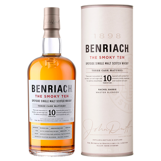 A bottle of Benriach The Smoky Ten Single Malt Scotch Whisky stands beside a box, promising a rich and distinctive smoky flavor experience.
