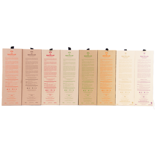 Set of eight Macallan whisky boxes in a row on a white background