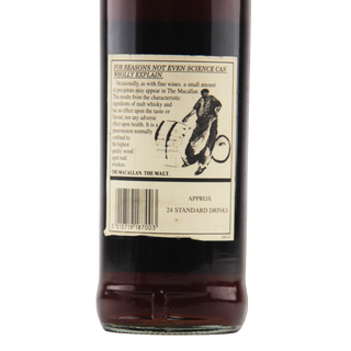 Bottle of The Macallan whisky with a label on a white background