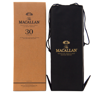 Macallan 30-year-old packaging and black drawstring bag on a white background