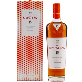 The Macallan 18-year-old whisky bottle and box on a white background