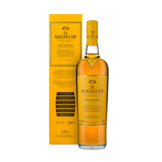 A bottle of The Macallan Edition No. 3 Single Malt Scotch Whisky with its matching yellow packaging box, displayed on a clean white background.