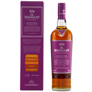 A bottle of The Macallan Morriston Single Malt Scotch Whisky Edition No.8 next to its purple packaging box, set against a plain white background.