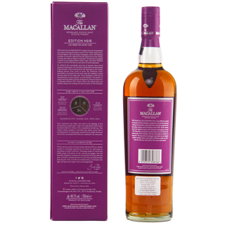 A bottle of The Macallan 15-Year Old Scotch whisky shown next to its purple packaging box, displaying the front label, neck seal, and back text on a white background.