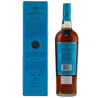 A bottle of Macallan Edition 90 Proof whisky next to its blue packaging box, showing the back labels on a white background.