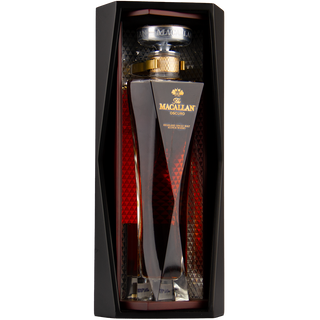 The Macallan whisky bottle in a black box on a white background