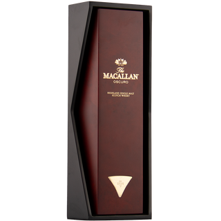The Macallan Oscuro whisky bottle in a black box on a white background