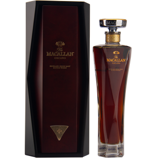 Macallan Oscuro whiskey bottle and box on a white background