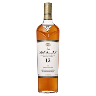 A bottle of The Macallan Sherry Oak 12 Year Old Single Malt Scotch Whisky, featuring an amber liquid with sherry sweetness and dried fruit notes, displayed with a gold and white label against a plain white background.