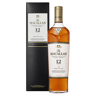 A bottle of The Macallan Sherry Oak 12 Year Old Single Malt Scotch Whisky stands beside its black and gold box, with a label emphasizing its 12-year aging, sherry oak sweetness, and notes of dried fruits and vanilla.