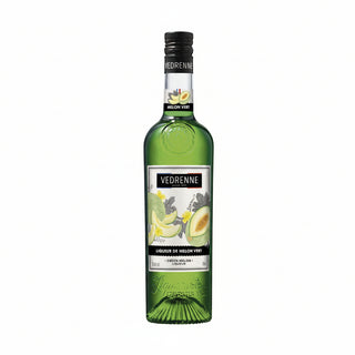 Green bottle of Vedrenne melon vert liqueur on a white background
