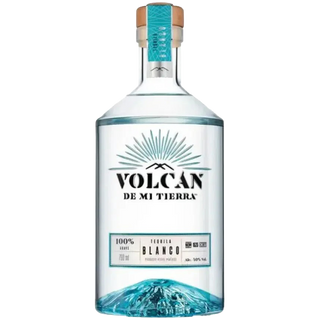 Bottle of Volcan de Mi Tierra Blanco tequila on a white background