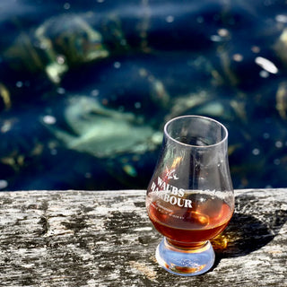 Glass of whisky with 'Walden Harbour' branding on a wooden surface by a body of water.