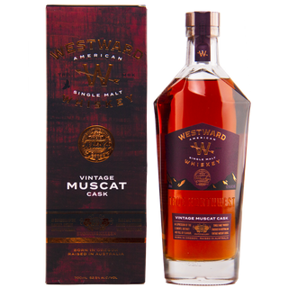 Westward American Single Malt Whiskey bottle and packaging on a white background