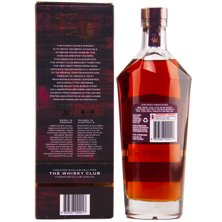 Whiskey bottle and packaging with text on a white background