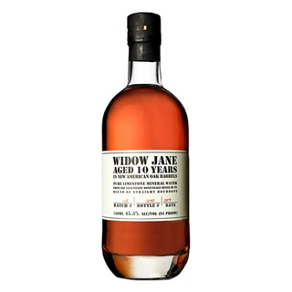 A bottle of Widow Jane 10 Year Old Bourbon Whiskey with amber liquid and a cream label displaying age, proof, and batch info. Baking spices and charred oak notes enhance its striking look.