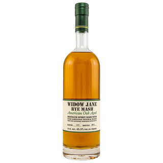 A bottle of Widow Jane American Oak Aged Rye Whiskey with a white label showing the brand name, product info, and alcohol content. The amber spirit inside suggests flavors of spicy rye and oak.