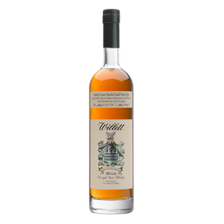 A bottle of Willett Family Estate 4 Year Old Rye Whiskey with light amber liquid, a cream label featuring a family crest, and a black cap—renowned for its peppery spice and rich character.