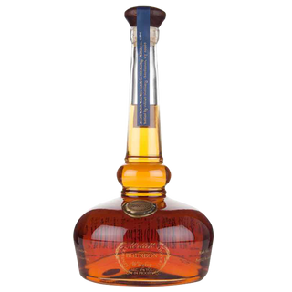A bottle of Willett Family Pot Still Reserve Bourbon Whiskey with a wide, rounded base and tall, narrow neck, featuring a blue and gold seal. Inside is amber bourbon offering rich notes of toasted oak and hints of caramel.