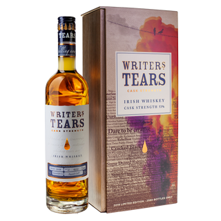 A bottle of Writers Tears 2019 Cask Strength Irish Whiskey stands beside its decorative box, with the label and ink drop image suggesting notes of toasted oak and dark chocolate in the golden-brown spirit within.
