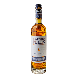 A bottle of Writers Tears 2019 Cask Strength Irish Whiskey with gold-brown liquid, a white label, and a blue cap stands upright on a plain white background, evoking notes of toasted oak and spiced apple pie.