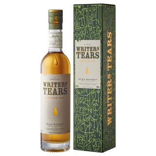 A bottle of Writers Tears Copper Pot Still Irish Whiskey stands beside its decorative box with green and gold accents. The white label hints at creamy caramel and toasted oak notes in this smooth Irish whiskey.