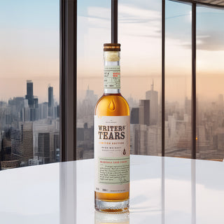 A Writers’ Tears Marsala Cask Finish Irish Whiskey bottle rests on a white table, creamy toffee notes wafting through the air, as golden sunset light shines through tall windows framing a modern city skyline.
