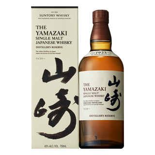 A 700ml bottle of Yamazaki Distiller’s Reserve Single Malt Japanese Whisky (43% ABV) sits beside its cream-colored box with bold black calligraphy, offering sweet vanilla and strawberry notes from rare Mizunara oak.