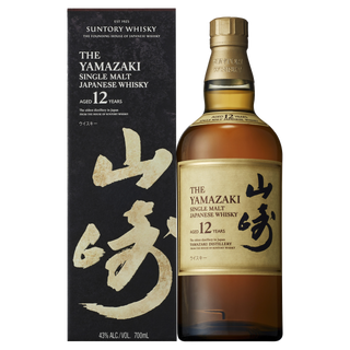 A 700ml bottle of Yamazaki 12 Year Old Single Malt Japanese Whisky (43% ABV) stands beside its black and gold box. The label showcases Japanese calligraphy, with notes of sweet ginger and peach enhancing the experience.