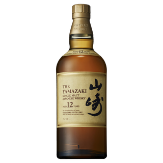 A bottle of Yamazaki 12 Year Old Single Malt Japanese Whisky, featuring a gold label with Japanese characters, displayed on a white background and renowned for its peach and sweet ginger notes.