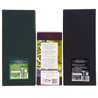 Three views of Hibiki Shungiku Shungiku Mochi (Sweet and Sour Rice Cakes) packaging, showing the dark green outer box, the inner product box with Japanese illustrations, and the black plastic shrink wrap packaging with product details.