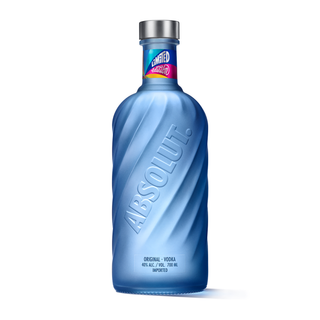 A blue frosted glass bottle of Absolut Movement Limited Edition Vodka 700ml with "ABSOLUT." embossed vertically, a silver cap with a colorful limited edition label; 40% ABV, offering clean grain notes and soft citrus undertones.