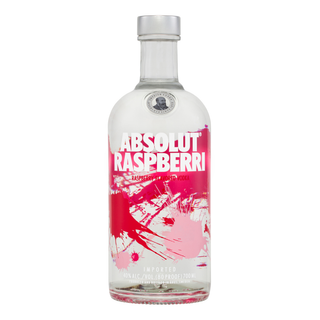The Absolut Raspberri Vodka 700ml bottle features bold white and pink text, pink and red splash graphics, a silver cap, and contains 40% ABV vodka with natural raspberry sweetness.