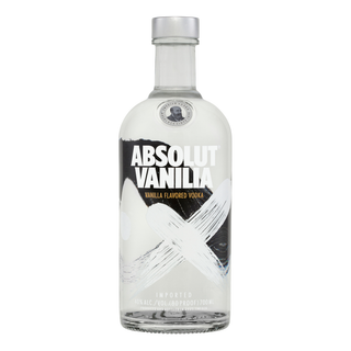A clear 700ml bottle of Absolut Vanilla Vodka with white and vanilla text, a brushstroke label design, silver cap, medallion near the top, and hints of vanilla bean for a creamy finish.