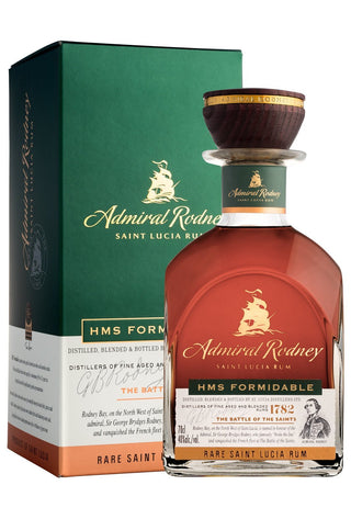 Admiral Rodney Saint Lucia Rum bottle and packaging on a white background