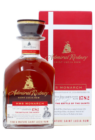 Bottle of Admiral Rodney Saint Lucia Rum with a red box in the background