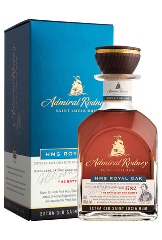 Admiral Rodney Saint Lucia Rum bottle and packaging on a white background