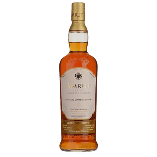 A bottle of Amrut Oloroso Cask #3897 Indian Single Malt Whisky. This special edition features a tall bottle with a gold cap and label, red and gold accents, clear branding, and amber whisky with sherry and dried fruit notes.