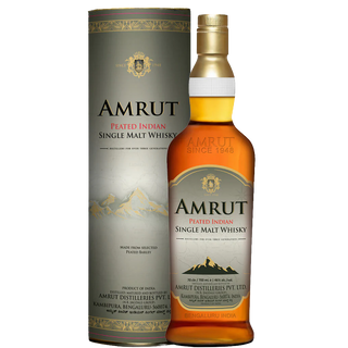 A bottle of Amrut Peated Indian Single Malt Whisky is shown with its cylindrical packaging, both displaying a gold and brown label with mountain designs, emphasizing this smoky single malt as crafted in India.